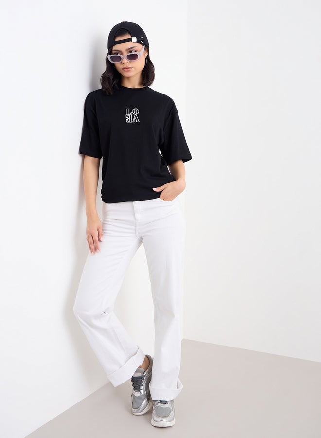 Styli Embroidered Detail Round Neck Oversized T-Shirt - Image 1